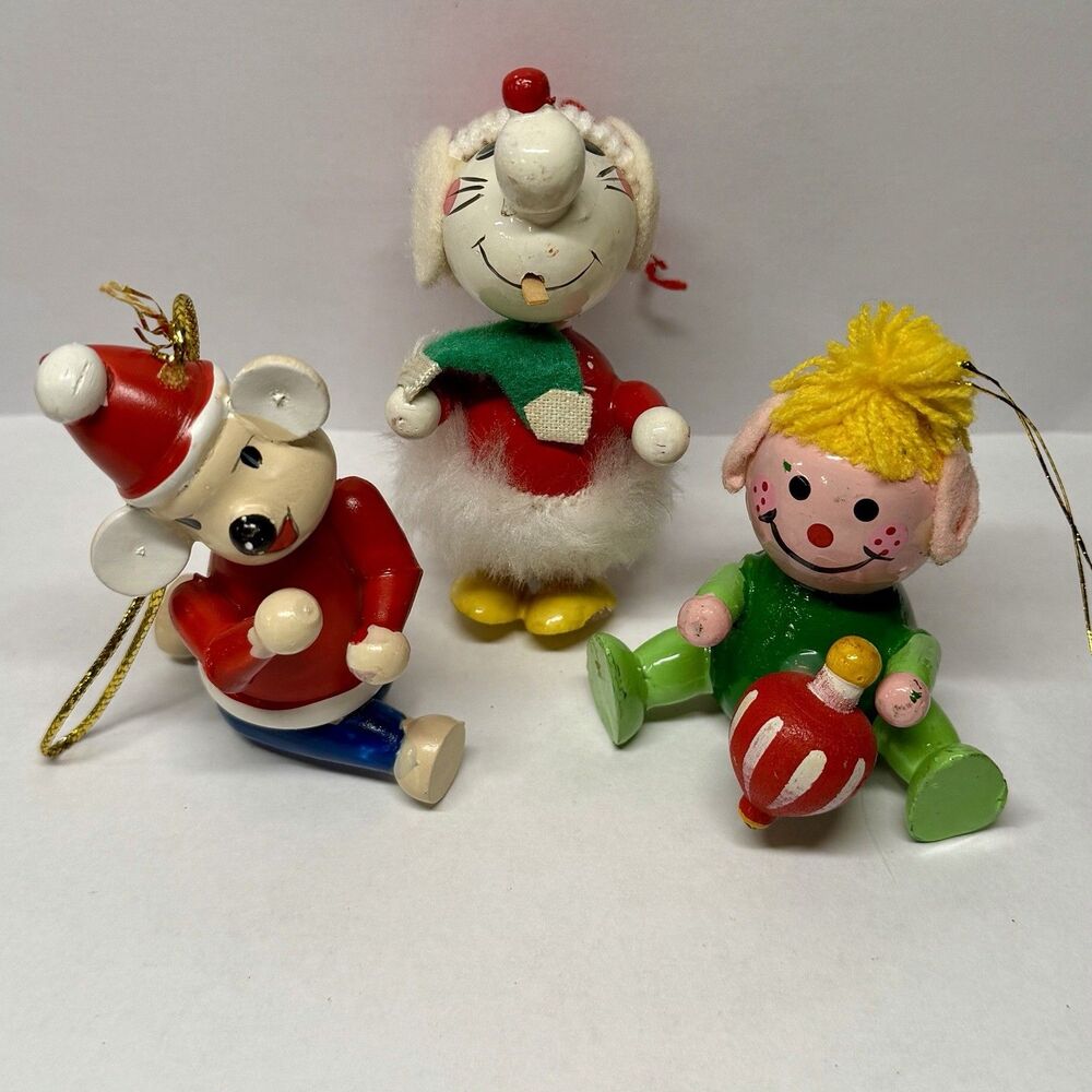 Vintage Wooden Christmas Ornaments Lot 3 Sitting Mouse Elf Kids Mid Century